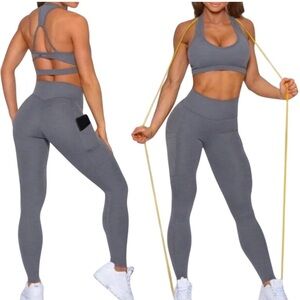 Bombshell Sportswear Size Large Gray Ribbed Leggings Media Pockets